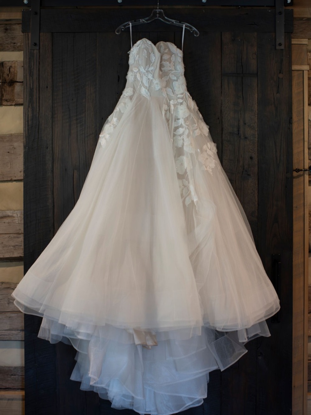 Watters Strapless Floral Appliqué Ball Gown in Ivory